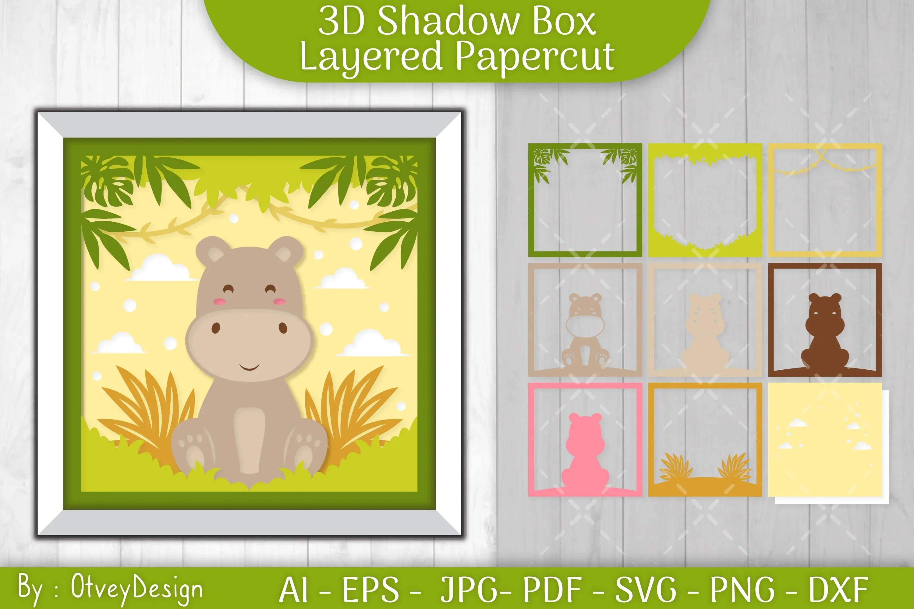 Hippopotamus Shadow Box Layered Papercut SVG Bundle - Image 2