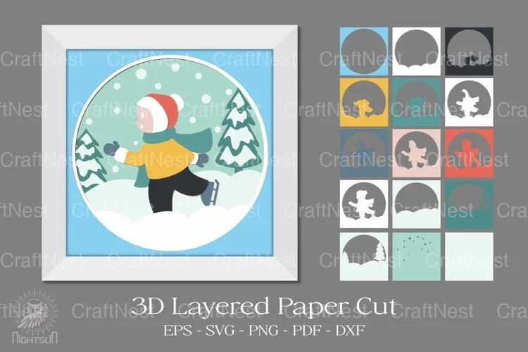 Ice Skating Layered Paper Cut Clipart Bundle