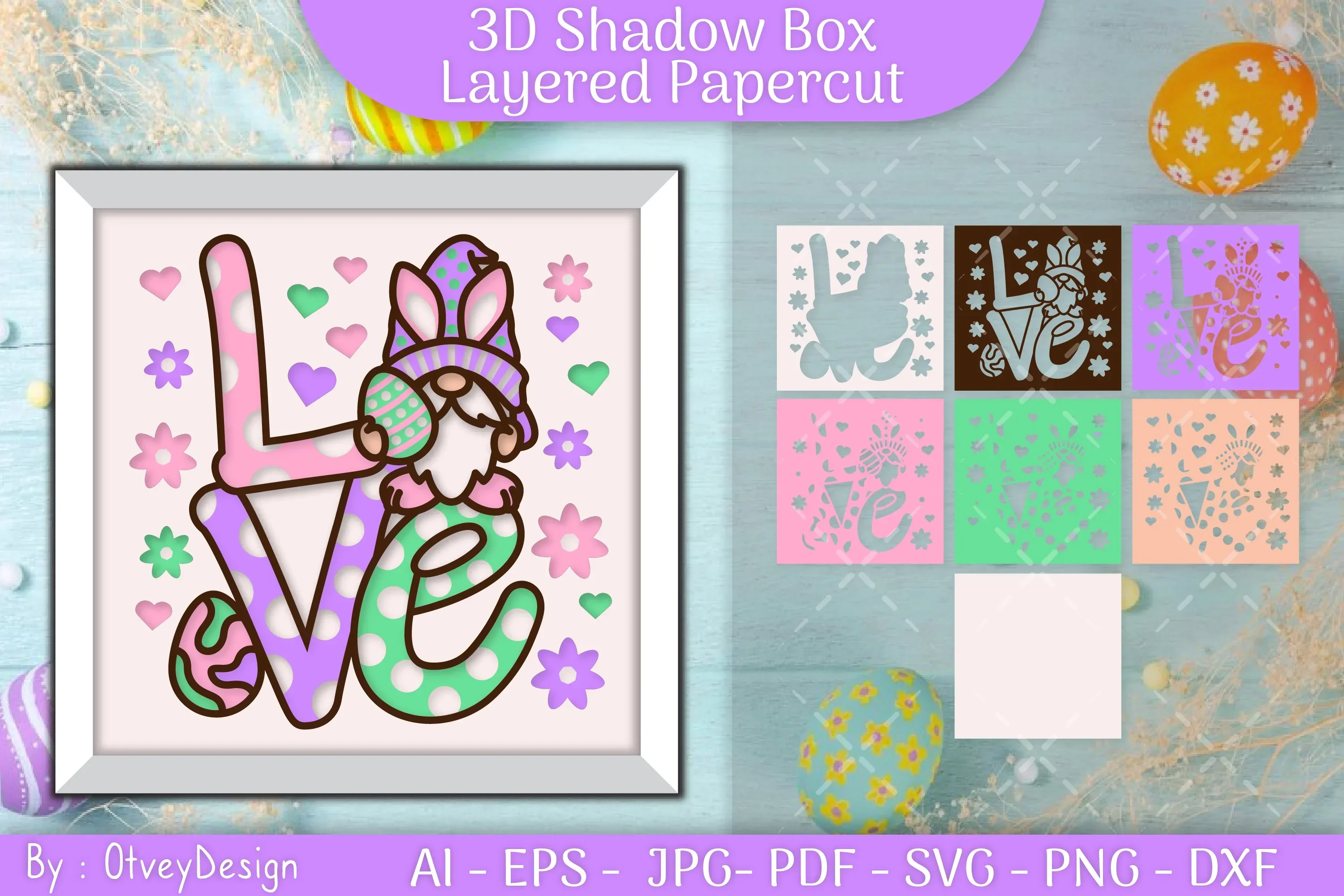 Love Gnome Easter 3D Shadow Box Papercut SVG Bundle