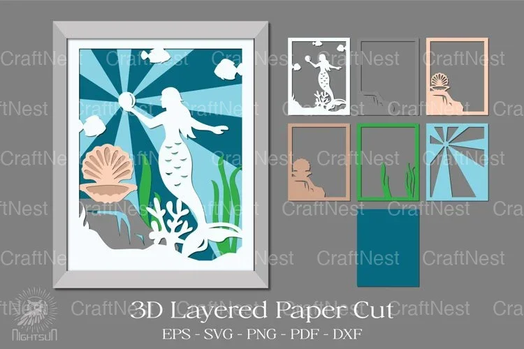 Mermaid with Pearl 3D Layered Papercut Clipart Bundle