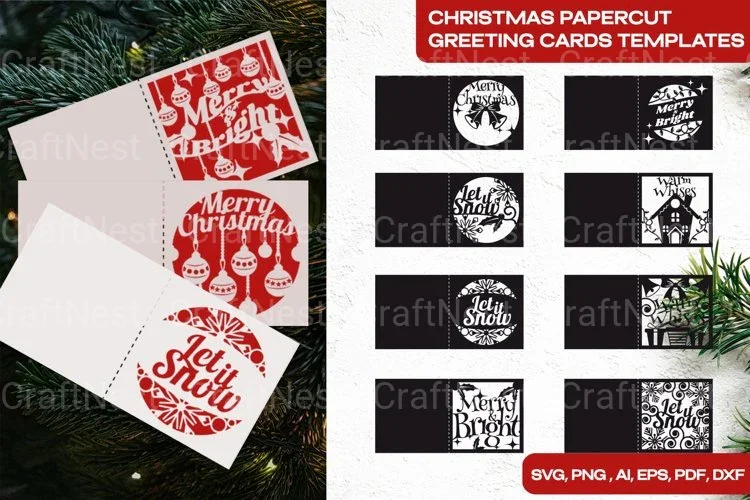 Merry Christmas Papercut Greeting Cards Templates Bundle