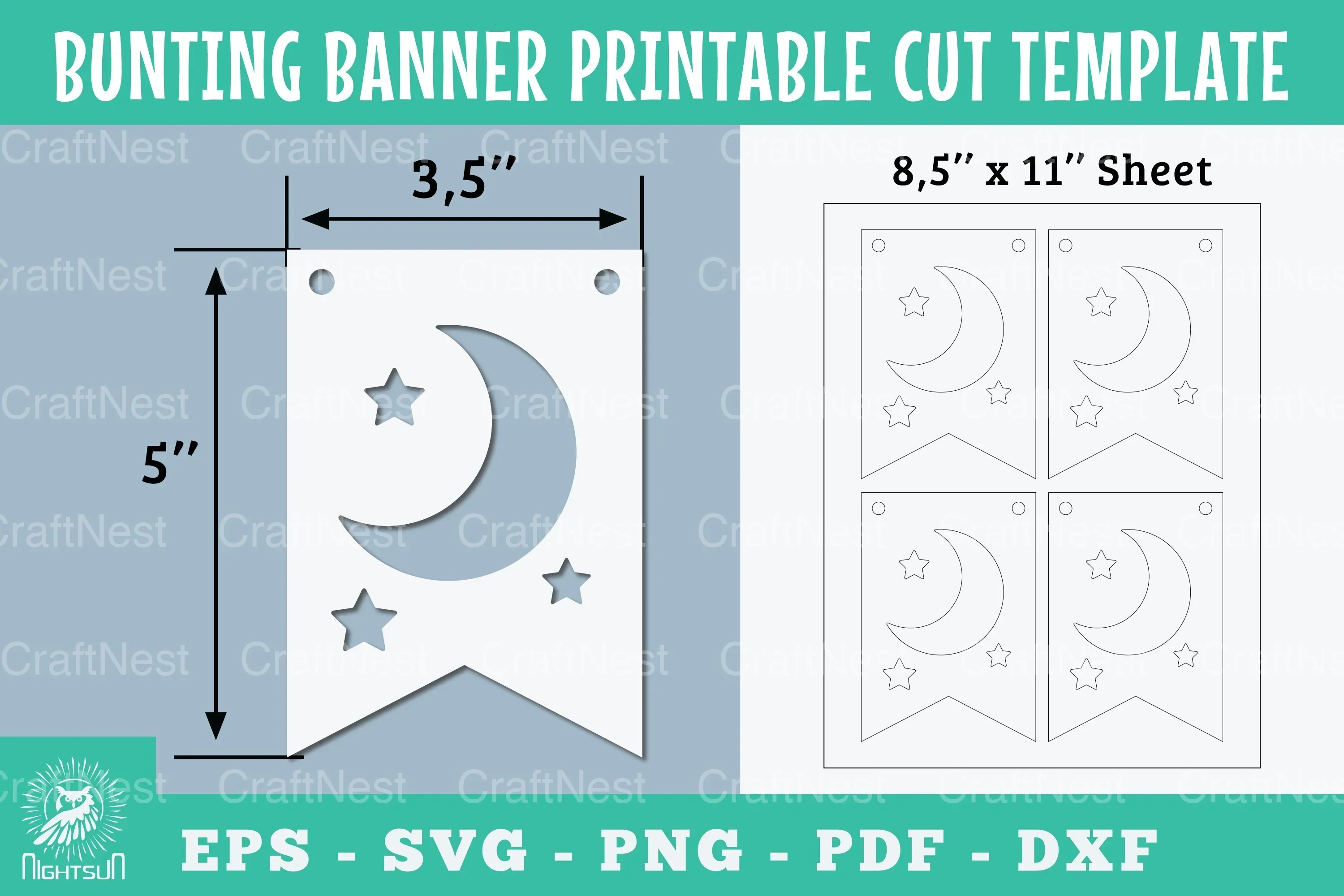 Moon and Stars Bunting Banner Template - Printable Cut Design