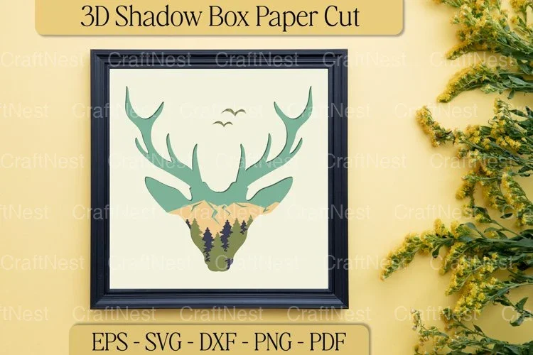 Mountain Deer Head 3D Shadow Box Clipart Bundle