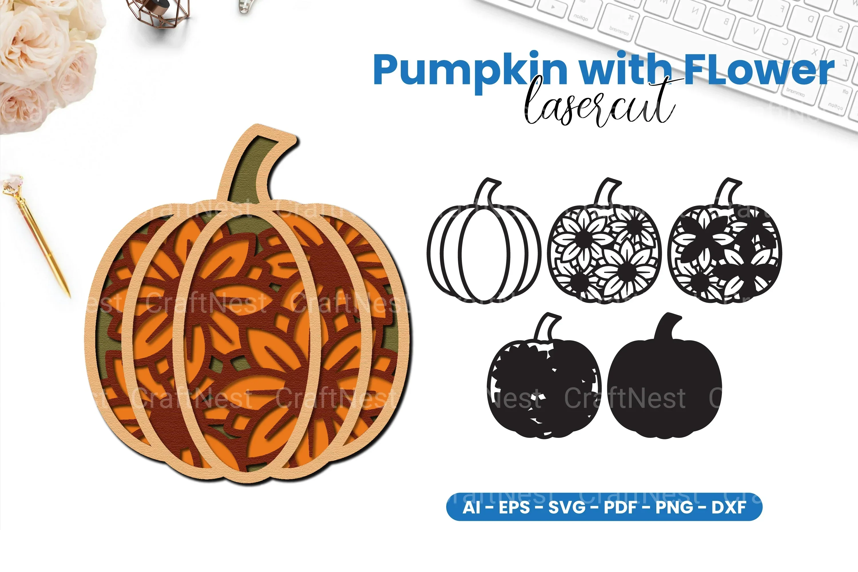 Pumpkin with Flower Lasercut SVG Bundle