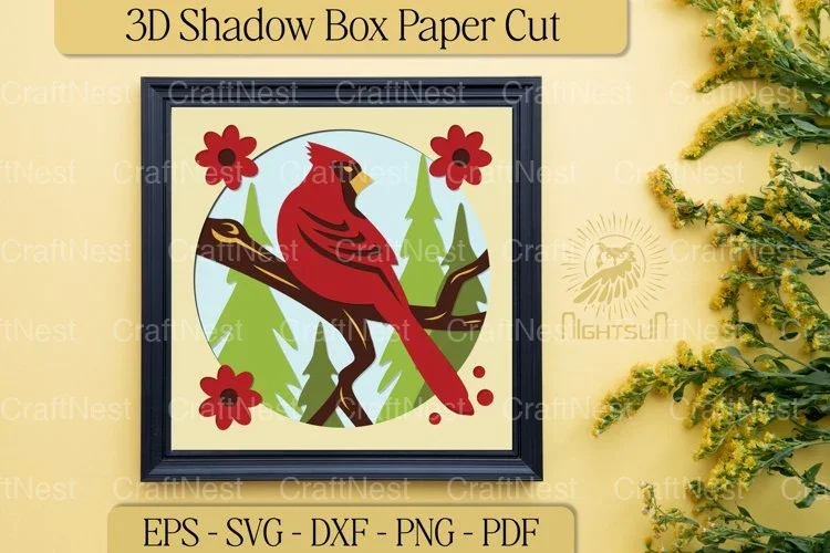 Red Cardinal Shadow Box Paper Cut Design Bundle