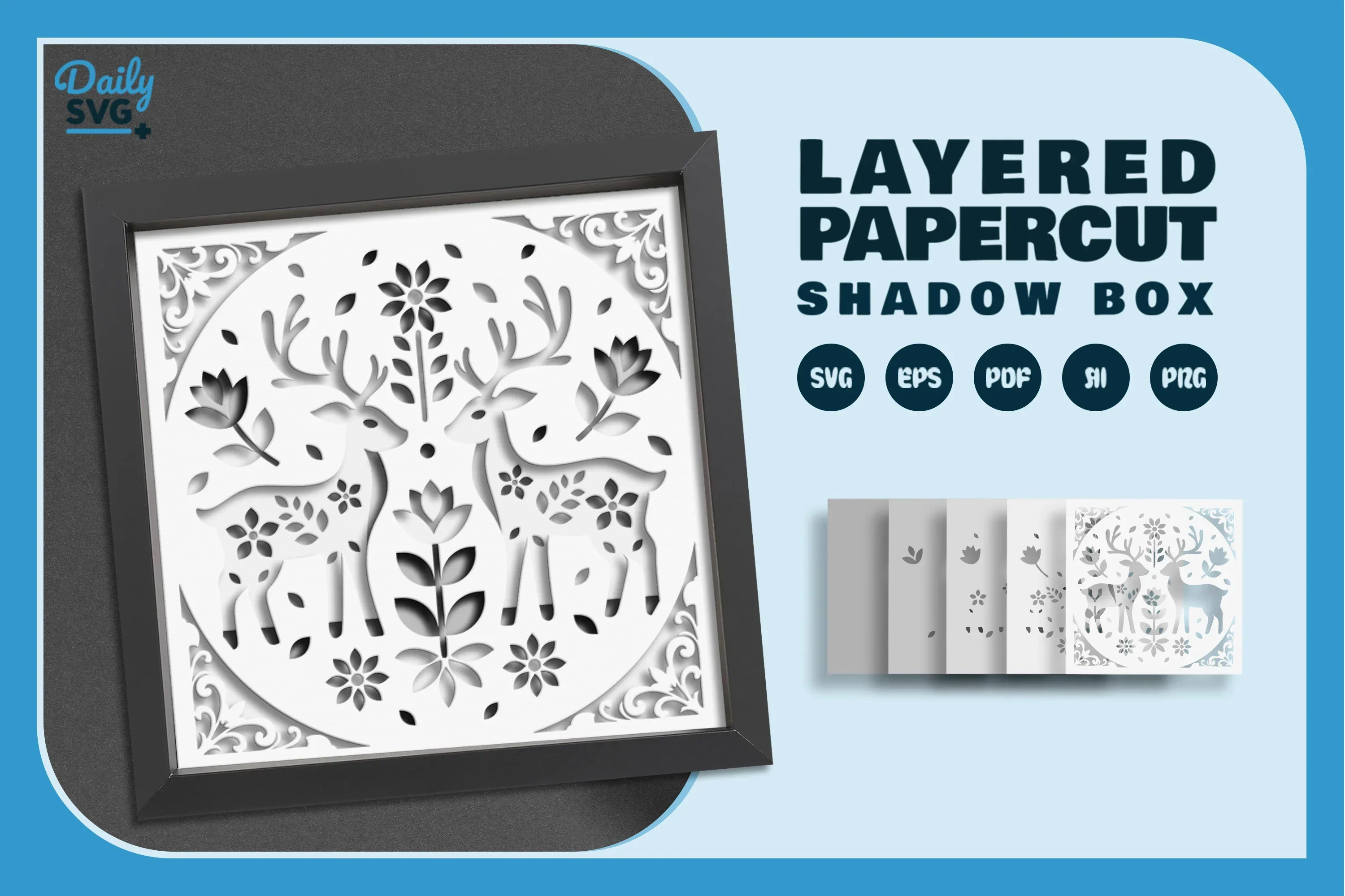 Reindeer Folk Art White Papercut Shadow Box SVG Bundle - Image 2
