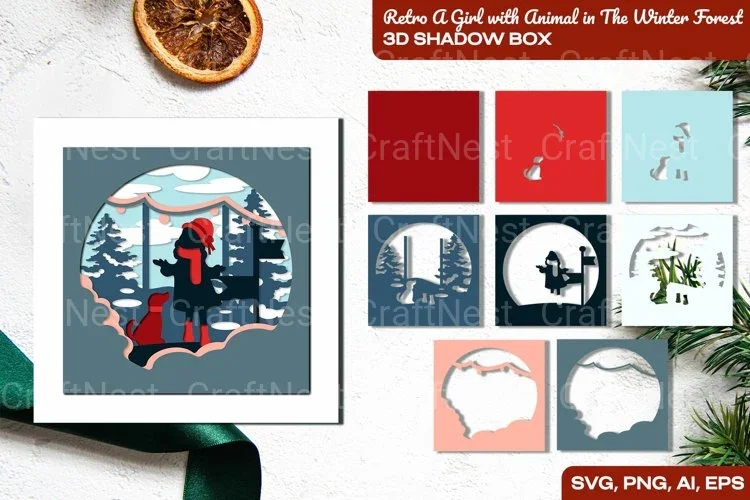 Retro Girl with Animal in Winter Forest 3D Shadow Box SVG Bundle