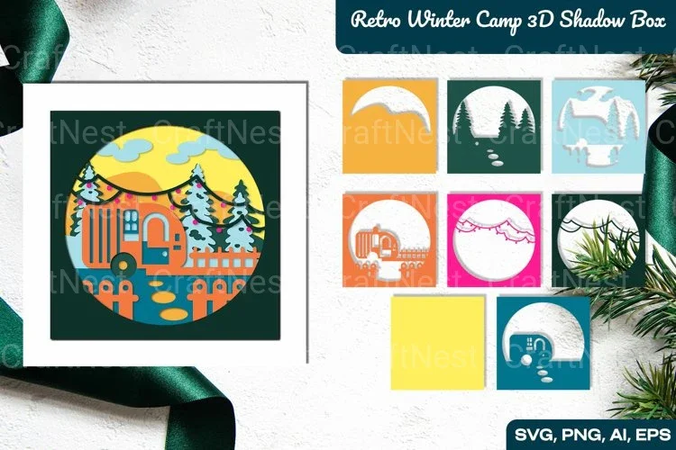 Retro Winter Camp 3D Shadow Box SVG Bundle
