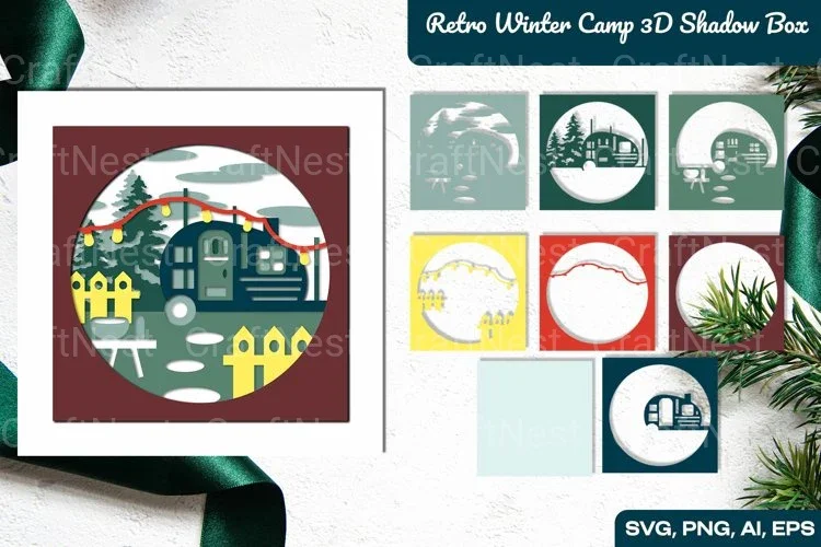 Retro Winter Camp 3D Shadow Box SVG Bundle