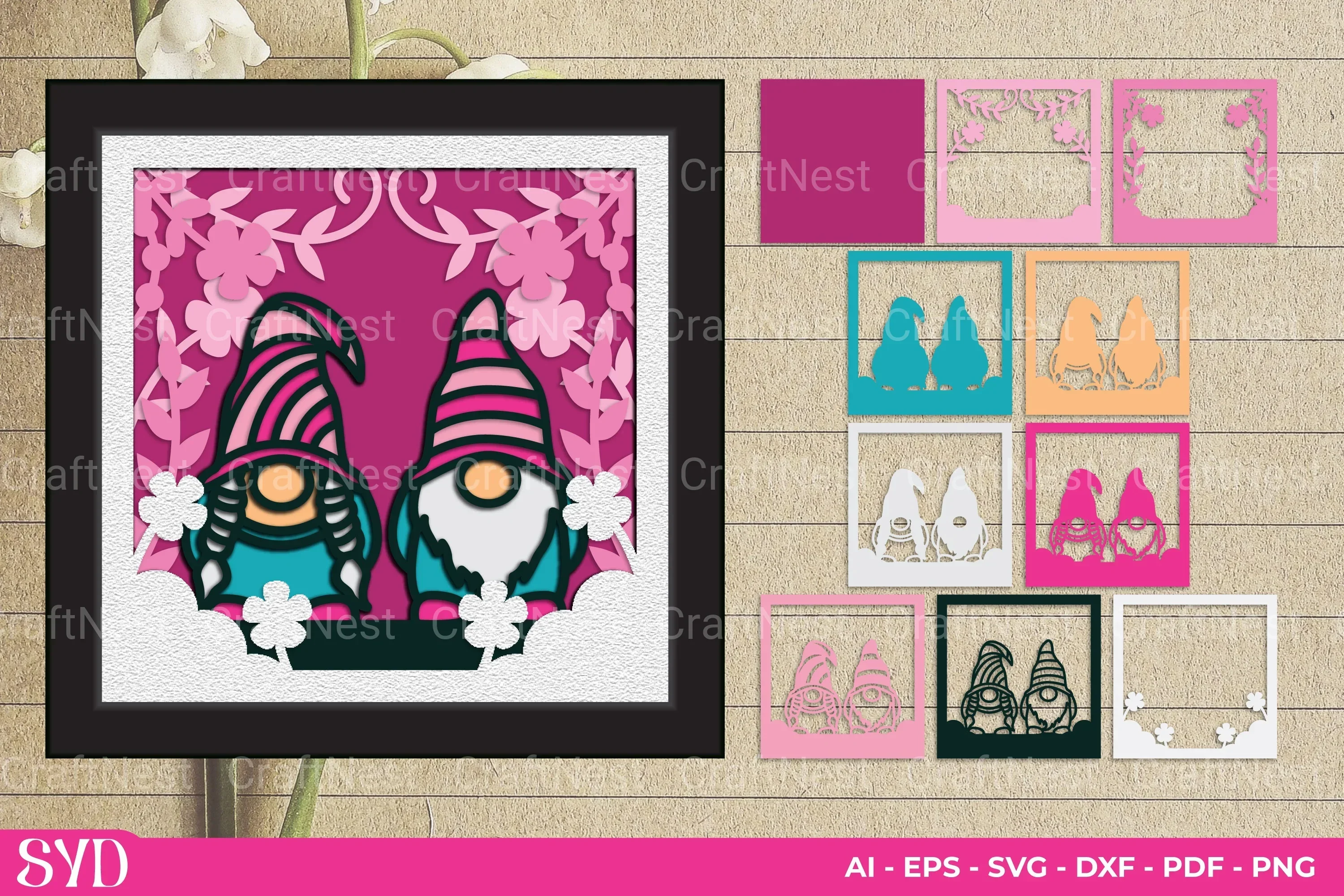 Spring Gnome 3D Layered Papercut Clipart Bundle