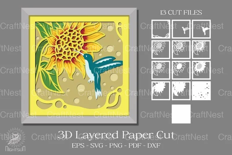 Sunflower and Hummingbird Layered Papercut Clipart Bundle