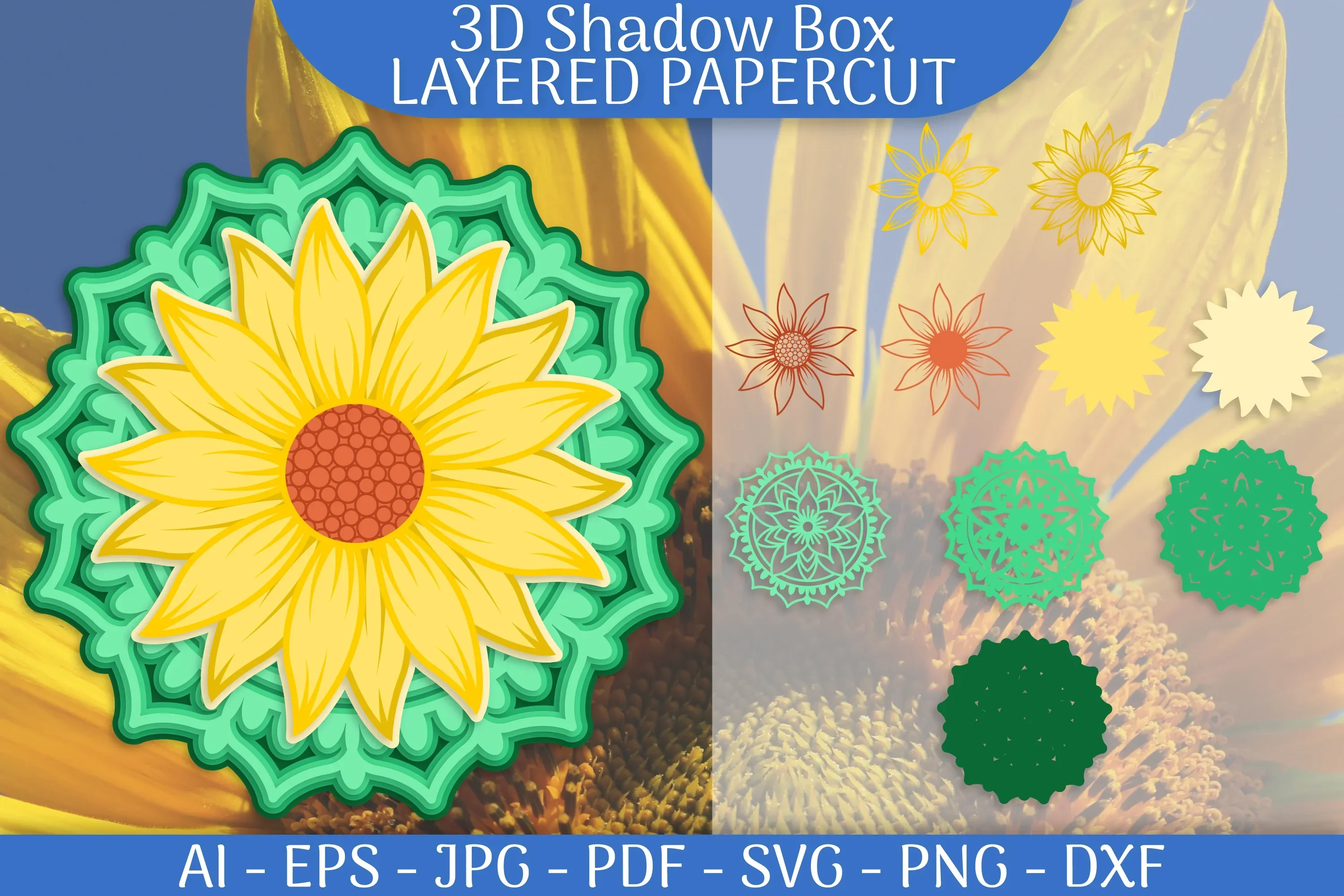 Sunflower Mandala 3D Shadowbox Layered Papercut SVG Bundle