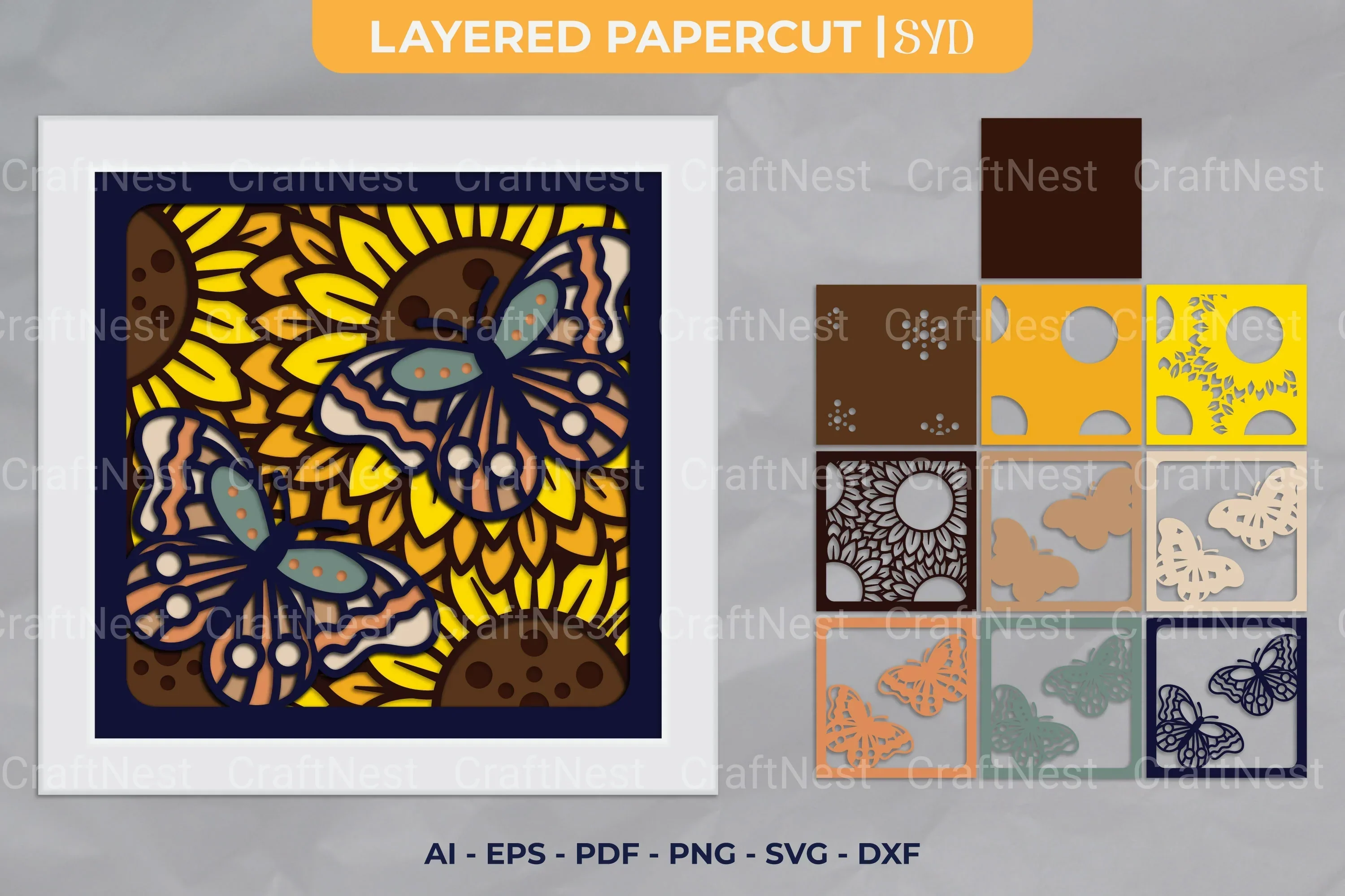 Sunflower with Butterfly 3D Layered Papercut Clipart Bundle