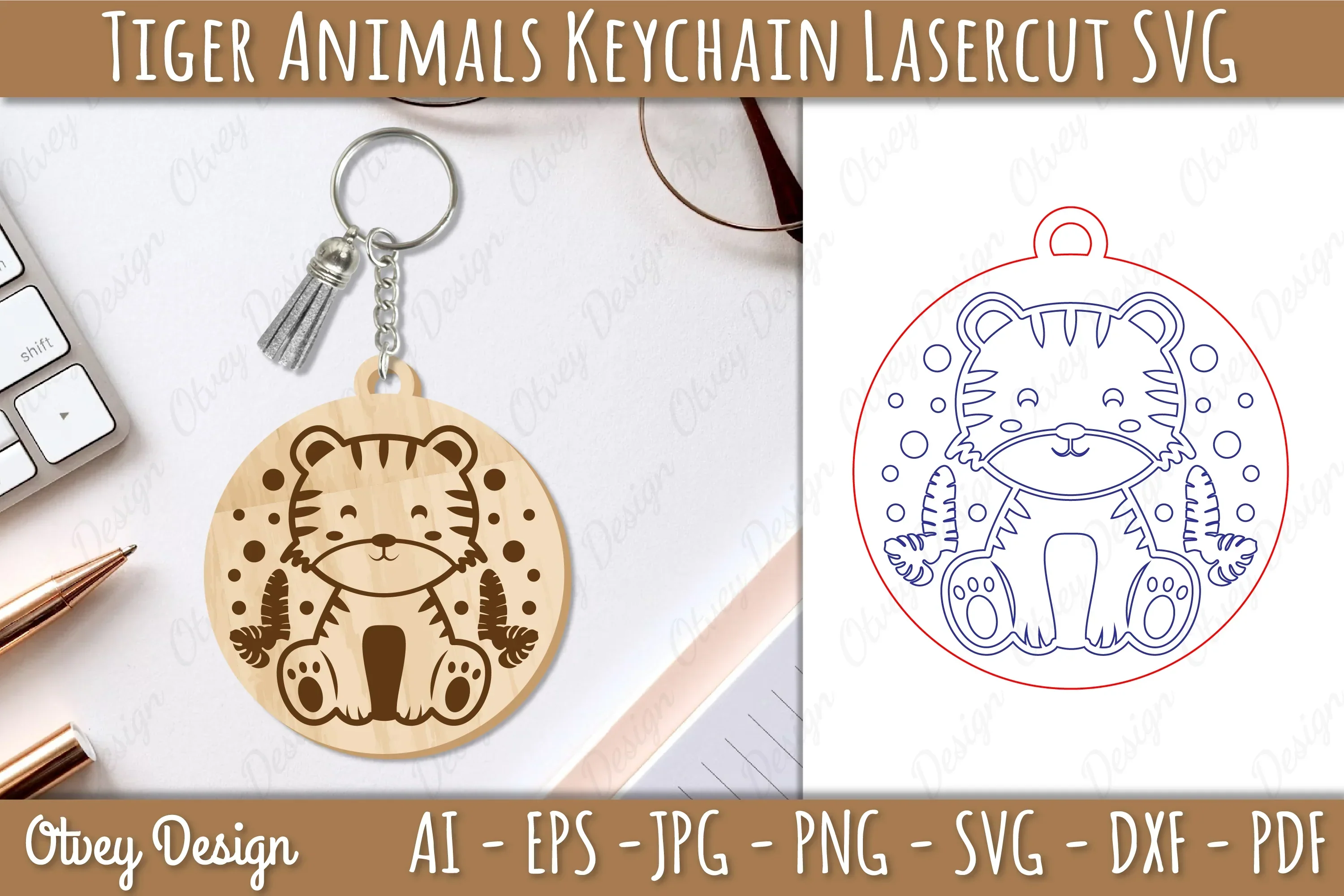 Tiger Animal Keychain Laser Cut SVG Bundle