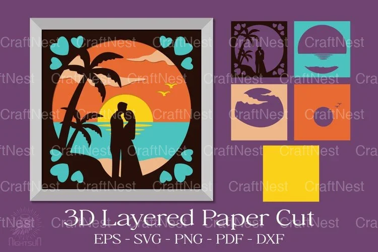 Wedding Couple on Sunset Beach Papercut Clipart Bundle