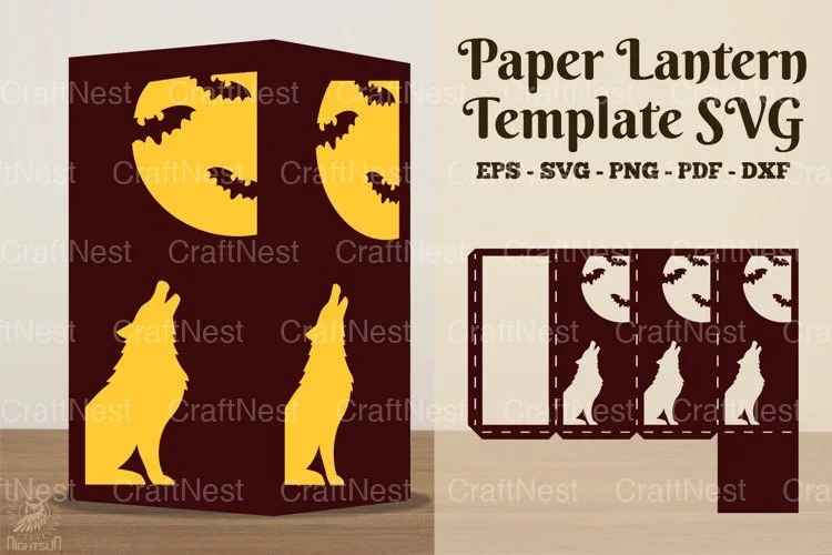 Wolf Night Paper Lantern Template SVG Clipart